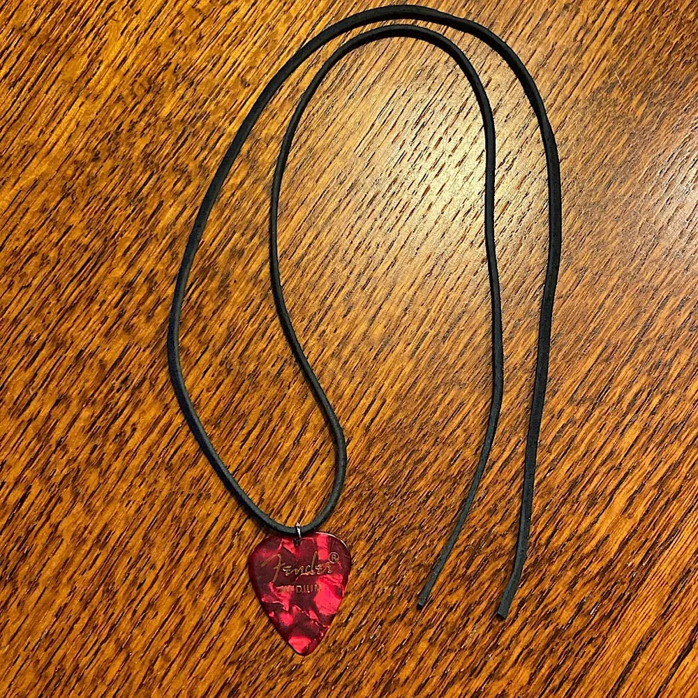 Red Guitar Pick Necklace Suede Cord Pearlescent Unisex New